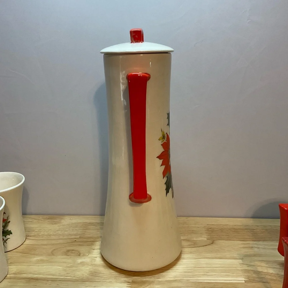 🎄Vintage MCM Arners Poinsettia Flower  Christmas Chocolate Pot & 5 Matching Mugs - Picture 8 of 14